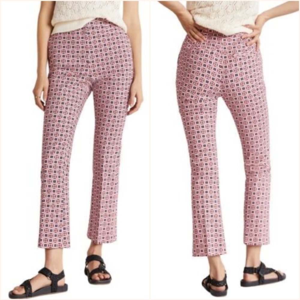 Boden Cropped Flare Trousers Almond Pink Square Geo Print Plus Size 16/18